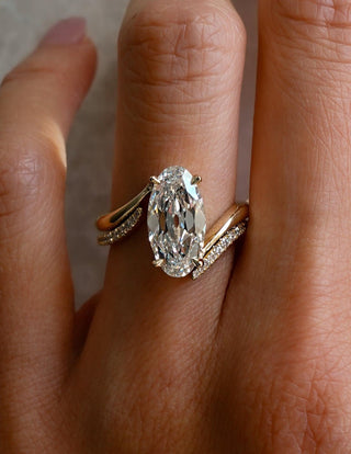 3CT Vertical Old Mined Moval Lab Grown Engagement Ring with Wrap Stacking Band