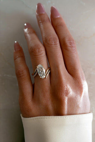 3CT Vertical Old Mined Moval Lab Grown Engagement Ring with Wrap Stacking Band