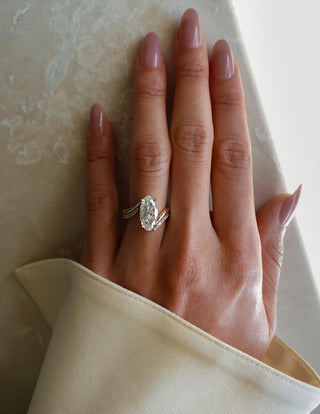 3CT Vertical Old Mined Moval Lab Grown Engagement Ring with Wrap Stacking Band