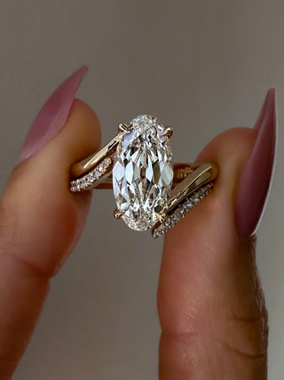 3CT Vertical Old Mined Moval Lab Grown Engagement Ring with Wrap Stacking Band