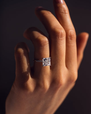 2.87 CT Princess Cut Moissanite Engagement Ring With Hidden Halo And Pave Setting
