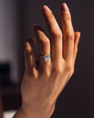 2.87 CT Princess Cut Moissanite Engagement Ring With Hidden Halo And Pave Setting