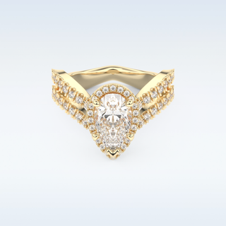 1.5 CT Halo and Pave, Curved Shank Engagement Ring Featuring Pear Moissanite