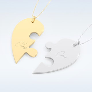 Name Engraved Puzzled Heart Necklace Pendant in Solid Gold or Silver 20