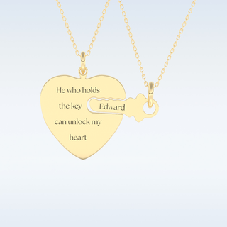 Name Engraved Heart and Key Matching Pendant in Solid Gold or Silver 6