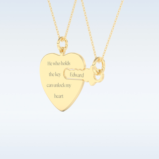 Name Engraved Heart and Key Matching Pendant in Solid Gold or Silver 7