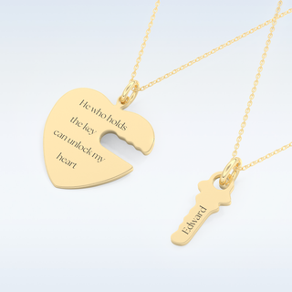Name Engraved Heart and Key Matching Pendant in Solid Gold or Silver 10