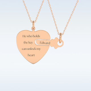 Name Engraved Heart and Key Matching Pendant in Solid Gold or Silver 11