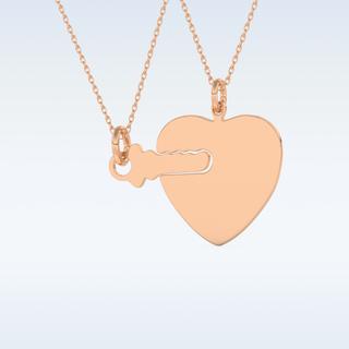 Name Engraved Heart and Key Matching Pendant in Solid Gold or Silver 14