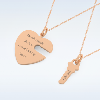 Name Engraved Heart and Key Matching Pendant in Solid Gold or Silver 15