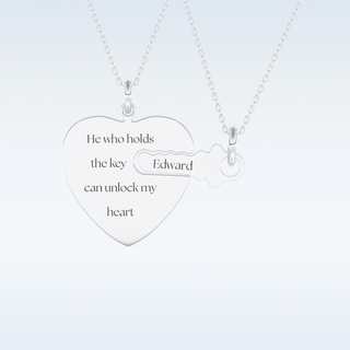 Name Engraved Heart and Key Matching Pendant in Solid Gold or Silver 1