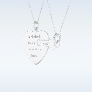 Name Engraved Heart and Key Matching Pendant in Solid Gold or Silver 2