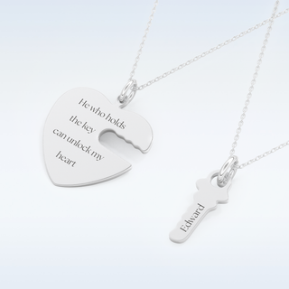 Name Engraved Heart and Key Matching Pendant in Solid Gold or Silver 5