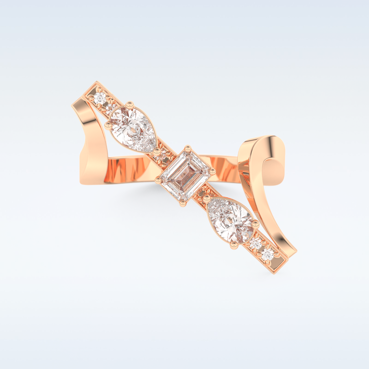 Three Stones Wedding Band with 0.26 CT Emerald, Pear & Round Cut Moissanite