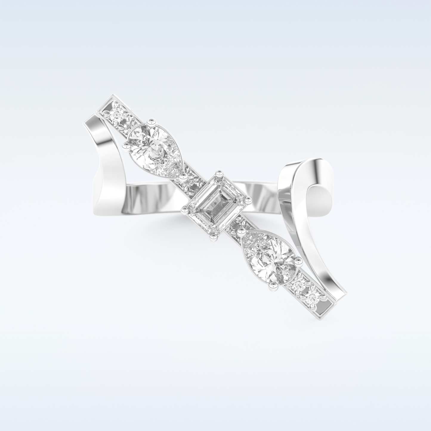 Three Stones Wedding Band with 0.26 CT Emerald, Pear & Round Cut Moissanite