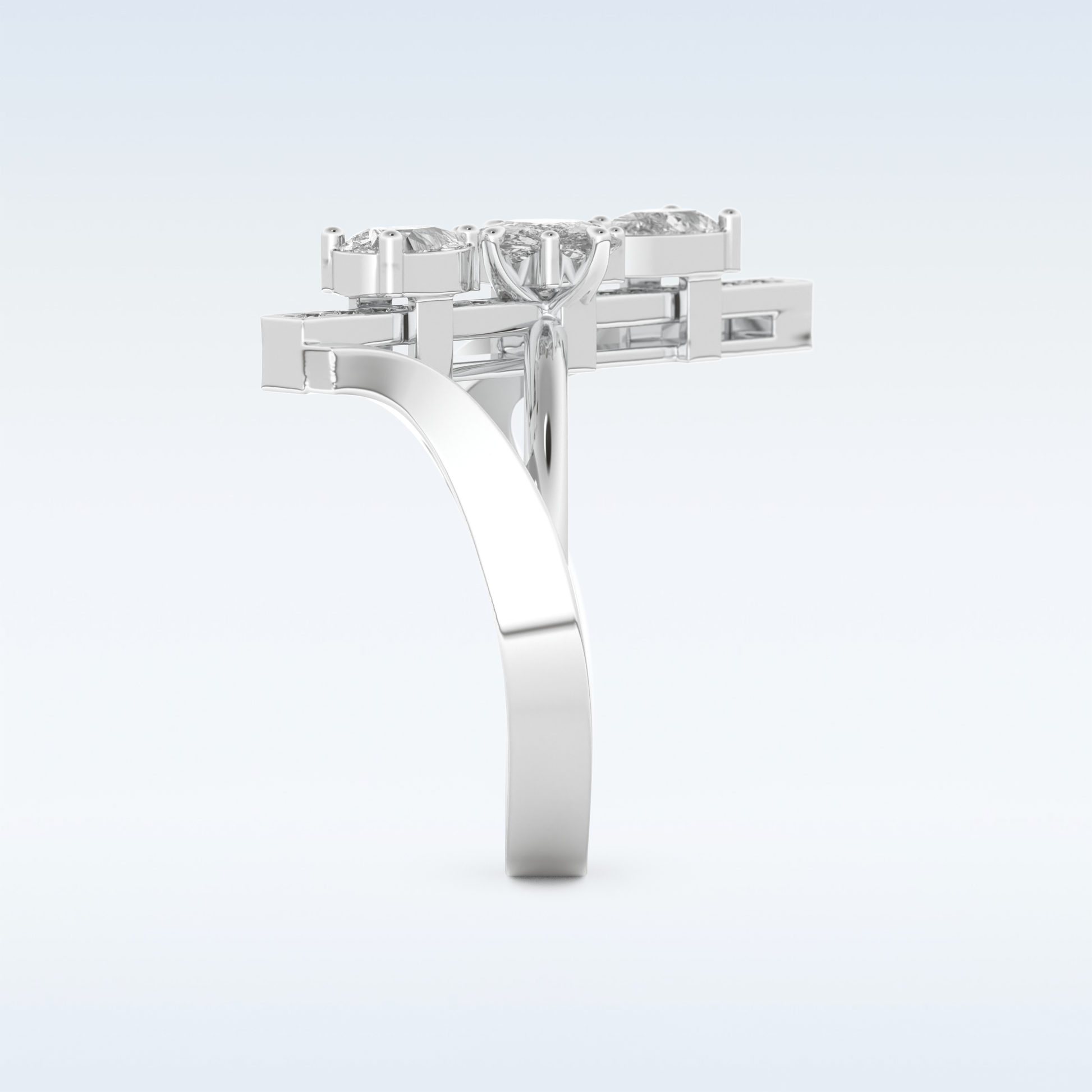 Three Stones Wedding Band with 0.26 CT Emerald, Pear & Round Cut Moissanite