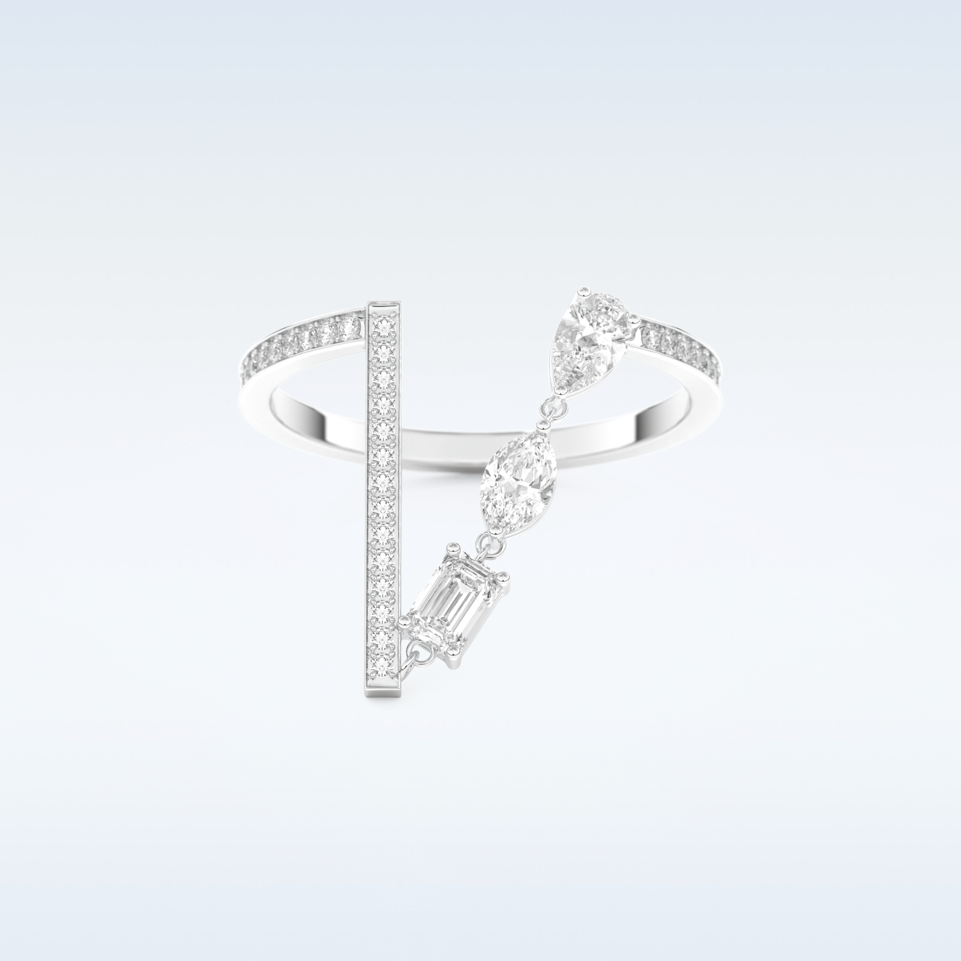 Three Stone Wedding Band with 0.56 CT Pear, Round, Emerald & Marquise Cut Moissanite