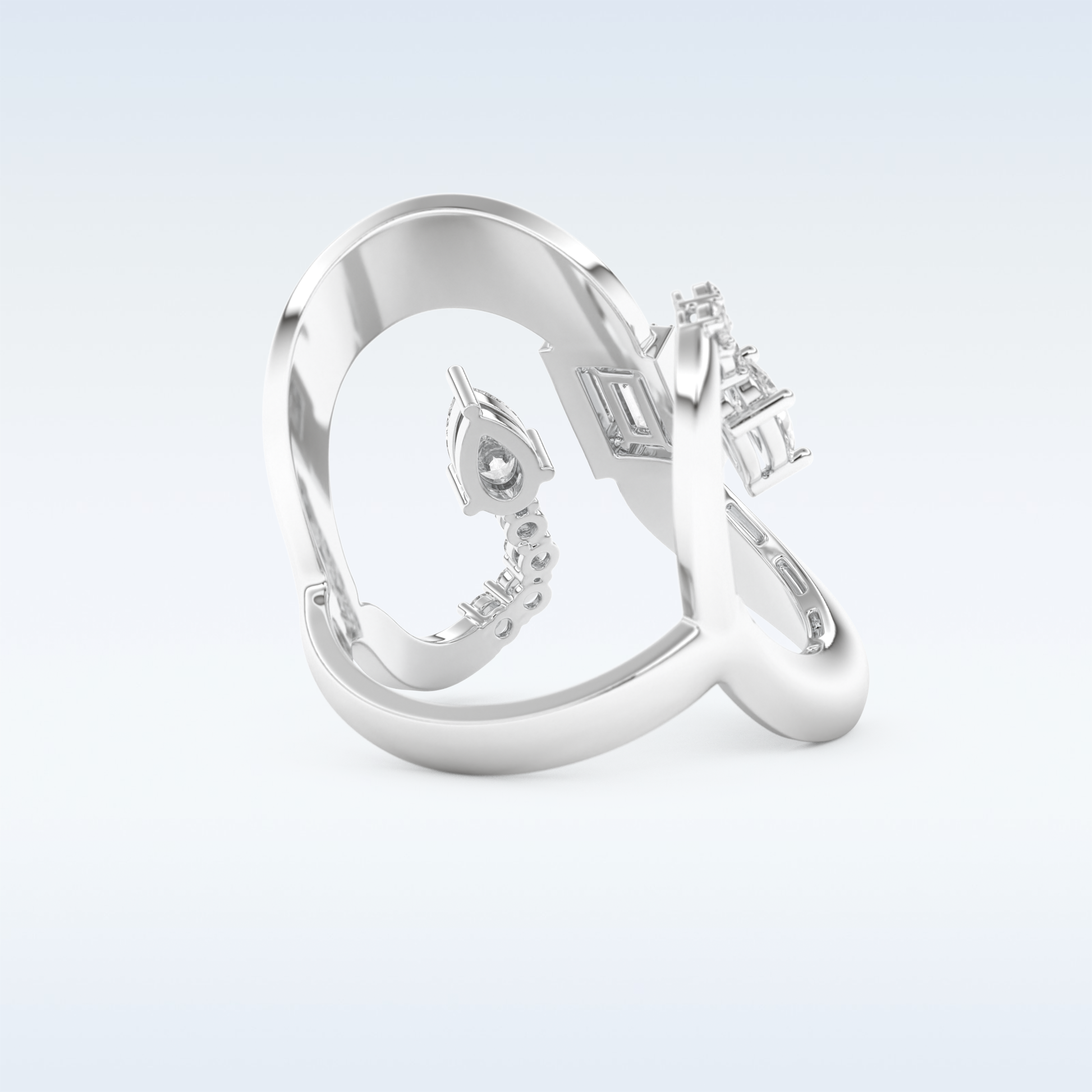 Asymmetrical Wedding Band with 0.74 CT Round, Pear & Baguette Cut Moissanite