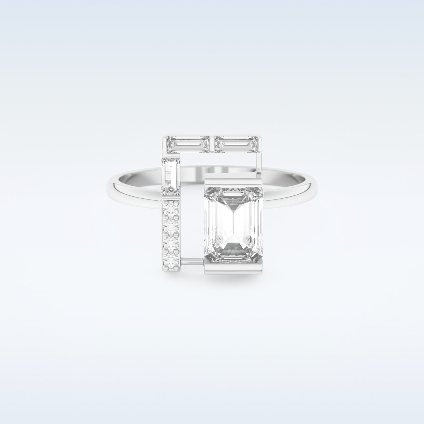 Geometric Wedding Band with 1.0 CT Round, Emerald & Baguette Cut Moissanite