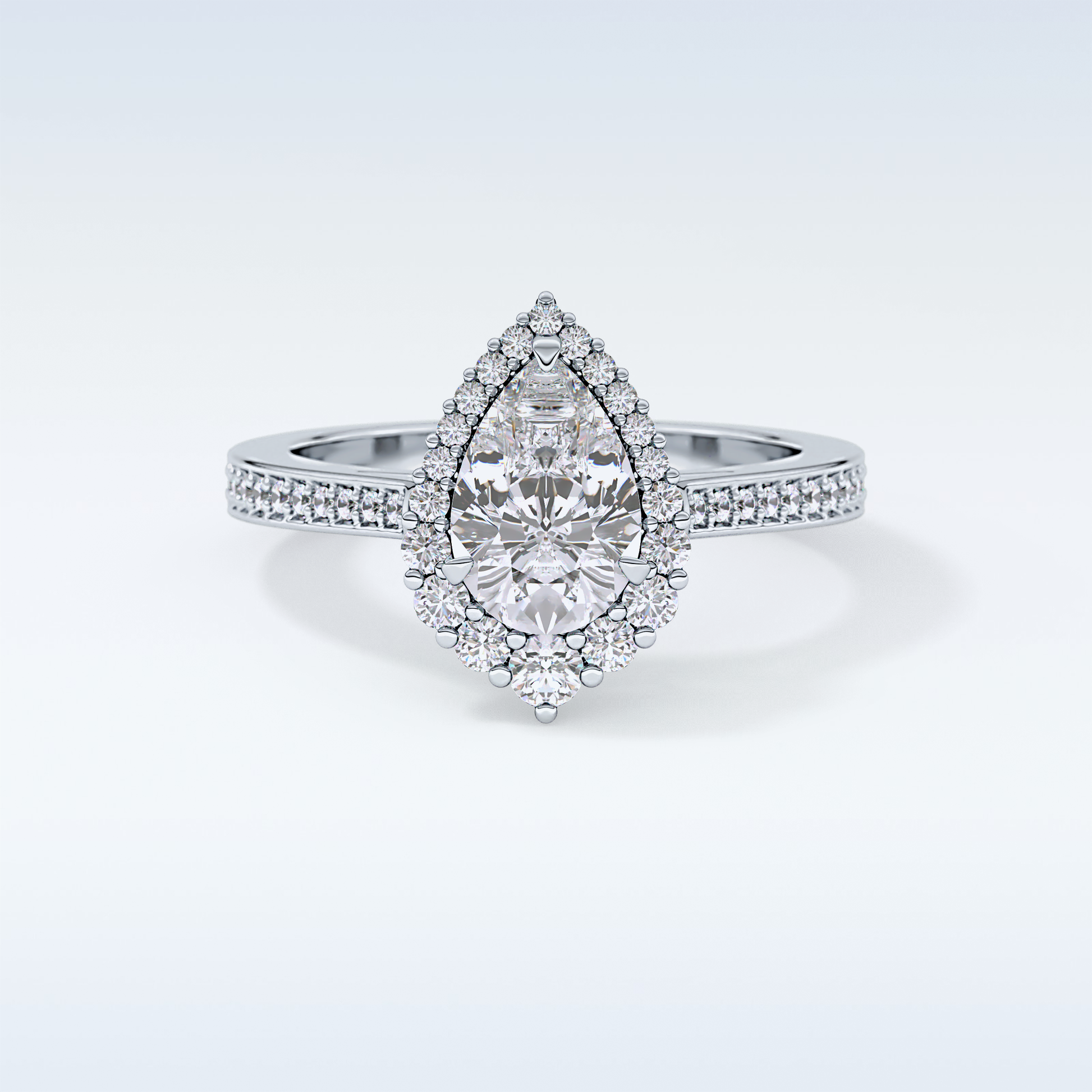 CT Halo Pave Engagement Ring Featuring Pear Moissanite