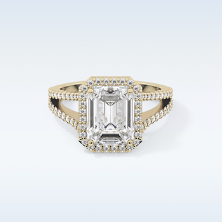3.1 CT Halo & Split Shank Engagement Ring Featuring Emerald Moissanite