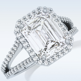 3.1 CT Halo & Split Shank Engagement Ring Featuring Emerald Moissanite