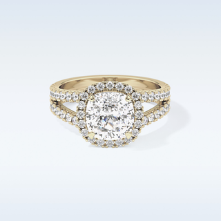 3.28 CT Halo & Split  Shank Engagement Ring Featuring Cushion Moissanite