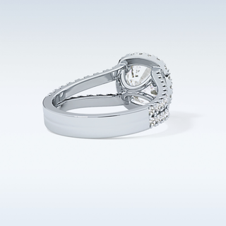 3.28 CT Halo & Split  Shank Engagement Ring Featuring Cushion Moissanite