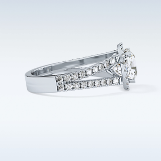 3.28 CT Halo & Split  Shank Engagement Ring Featuring Cushion Moissanite