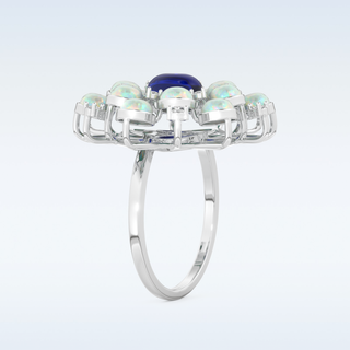 Elegant Blue Cabochon 1.34 CT Engagement Ring Featuring Oval Moissanite