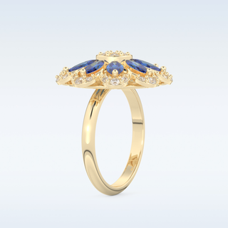 Beautiful Blue & White Floral Style Wedding Band with 1.42 CT Round & Marquise Cut Moissanite