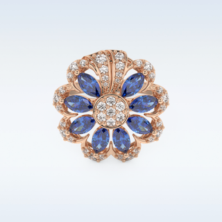 Beautiful Blue & White Floral Style Wedding Band with 1.42 CT Round & Marquise Cut Moissanite