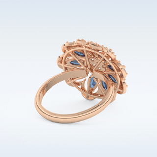 Beautiful Blue & White Floral Style Wedding Band with 1.42 CT Round & Marquise Cut Moissanite