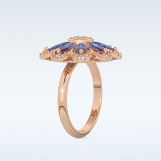 Beautiful Blue & White Floral Style Wedding Band with 1.42 CT Round & Marquise Cut Moissanite
