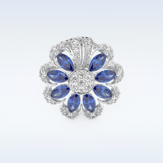 Beautiful Blue & White Floral Style Wedding Band with 1.42 CT Round & Marquise Cut Moissanite