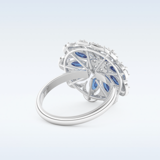 Beautiful Blue & White Floral Style Wedding Band with 1.42 CT Round & Marquise Cut Moissanite