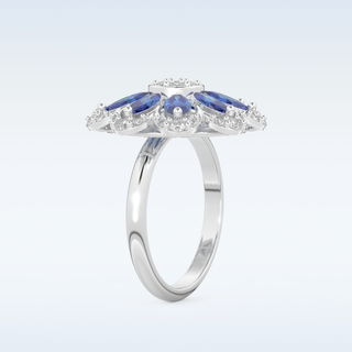 Beautiful Blue & White Floral Style Wedding Band with 1.42 CT Round & Marquise Cut Moissanite