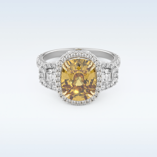 Vintage 3.99 CT Halo & Three Stone Engagement Ring Featuring Yellow Cushion Moissanite