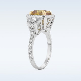 Vintage 3.99 CT Halo & Three Stone Engagement Ring Featuring Yellow Cushion Moissanite