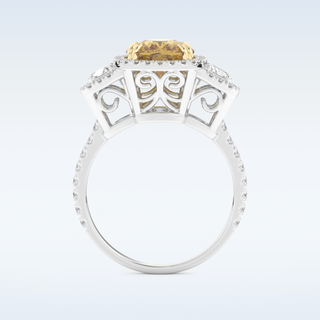 Vintage 3.99 CT Halo & Three Stone Engagement Ring Featuring Yellow Cushion Moissanite