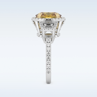 Vintage 3.99 CT Halo & Three Stone Engagement Ring Featuring Yellow Cushion Moissanite