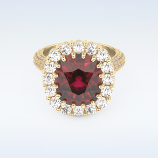 Vintage 8.21 CT Halo Engagement Ring Featuring Red Cushion Moissanite