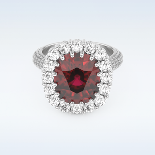 Vintage 8.21 CT Halo Engagement Ring Featuring Red Cushion Moissanite