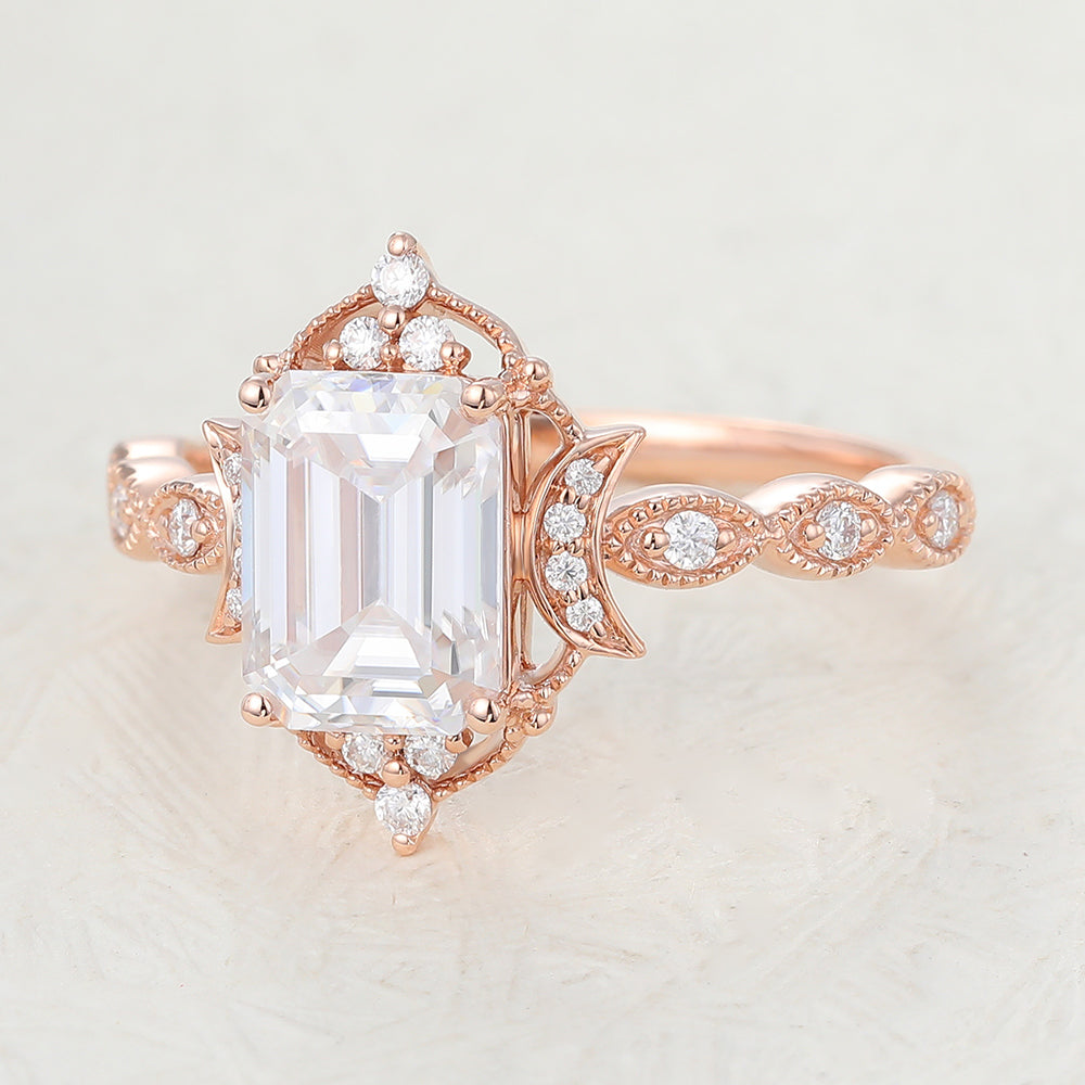1.60 CT Emerald Shaped Moissanite Vintage Engagement Ring 2