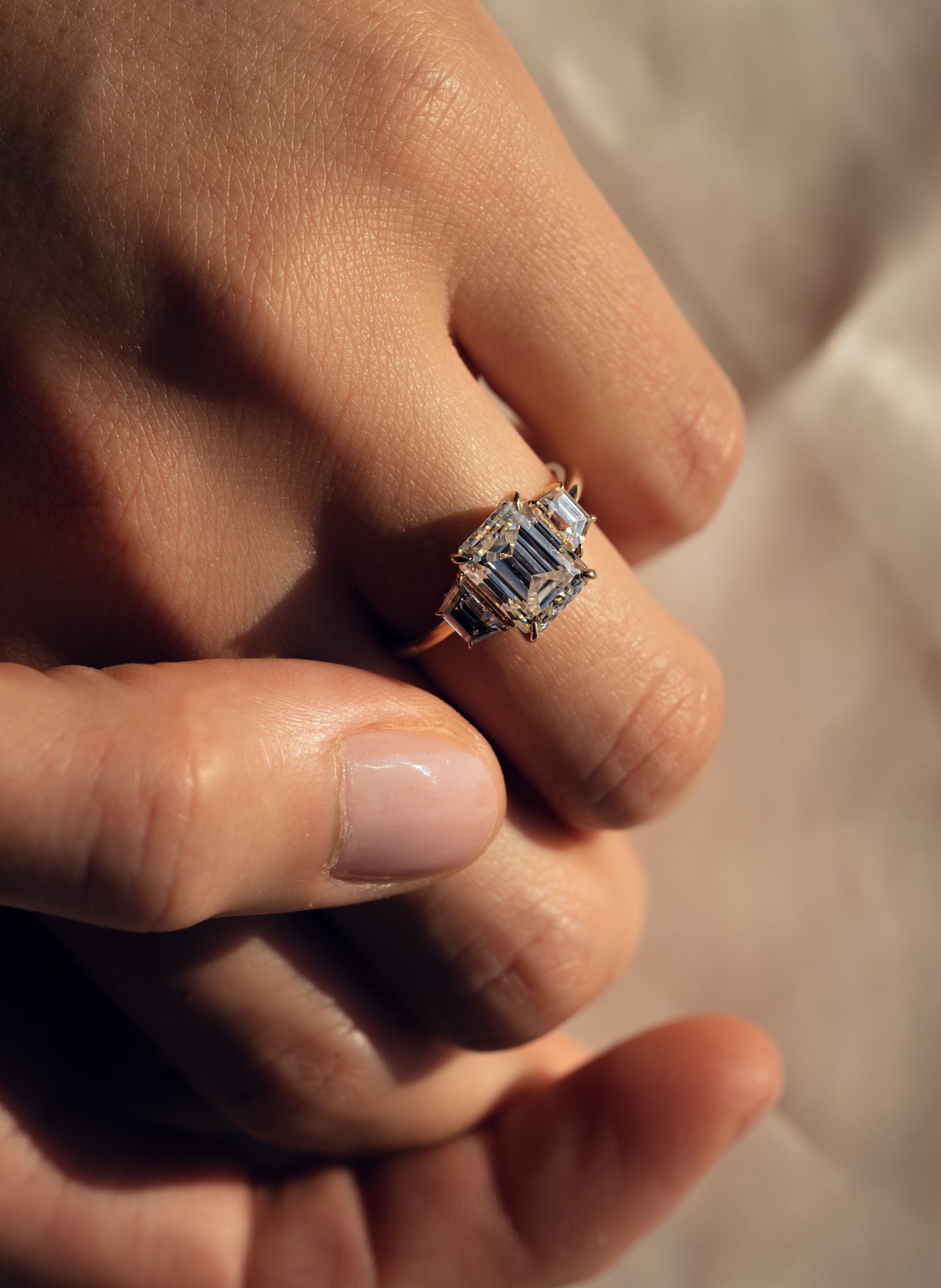 0.66 CT Emerald Cut Three Stone Moissanite Engagement Ring 15
