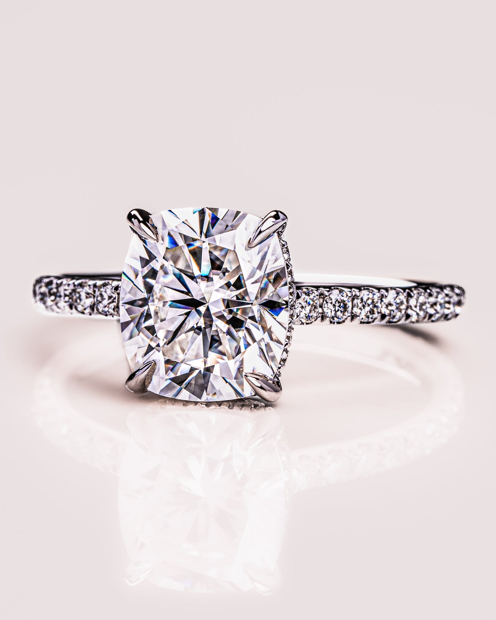 0.96 CT Cushion Solitaire Moissanite Engagement Ring With Hidden Halo/Pave Setting 4