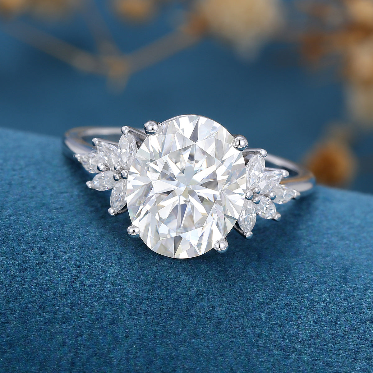 3.74 CT Oval Shaped Moissanite Cluster Engagement Ring 4