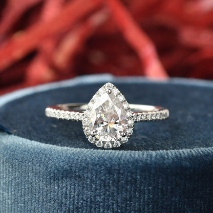 1.25 CT Pear Cut Halo Pave Moissanite Engagement Ring 13