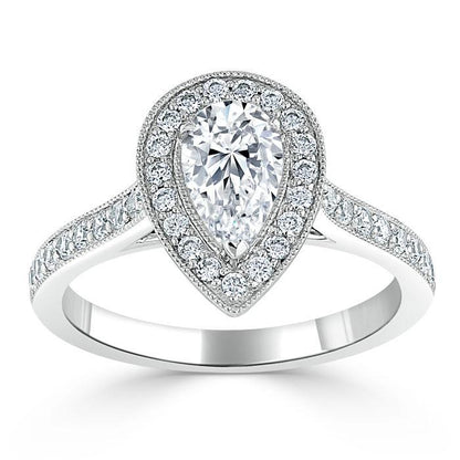 1.52 CT Pear Cut Halo Channel Pave Moissanite Engagement Ring 3