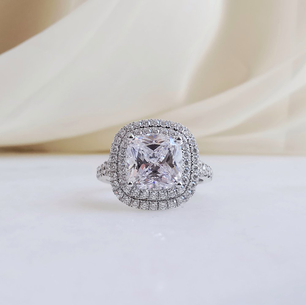 3.0 CT Cushion Shaped Moissanite Double Halo Engagement Ring 1